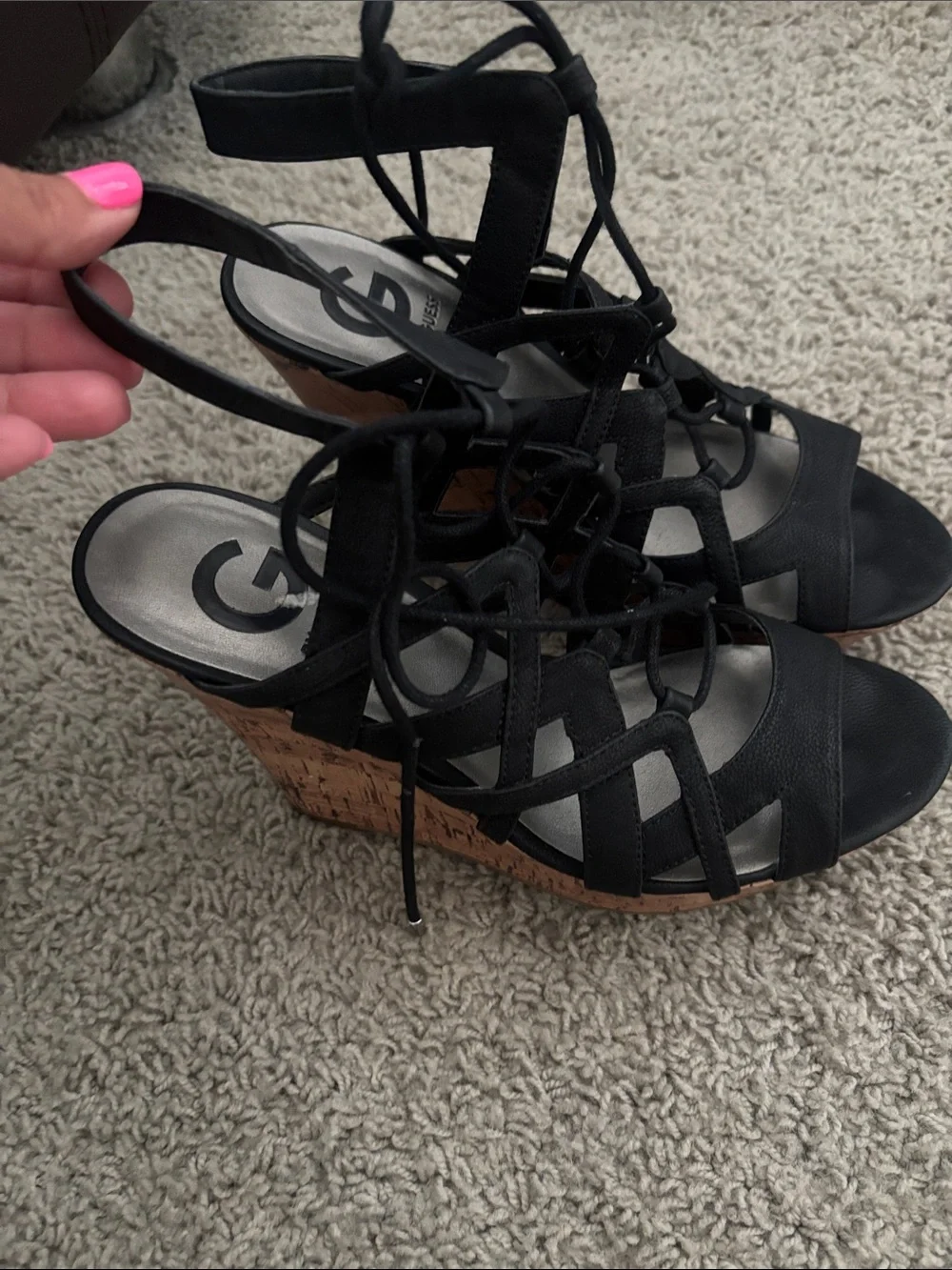 GUESS Black Lace-Up Cutout Wedge Sandals